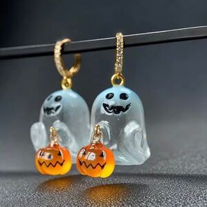 Gold Ghost & Pumpkin Drop Resin Earrings